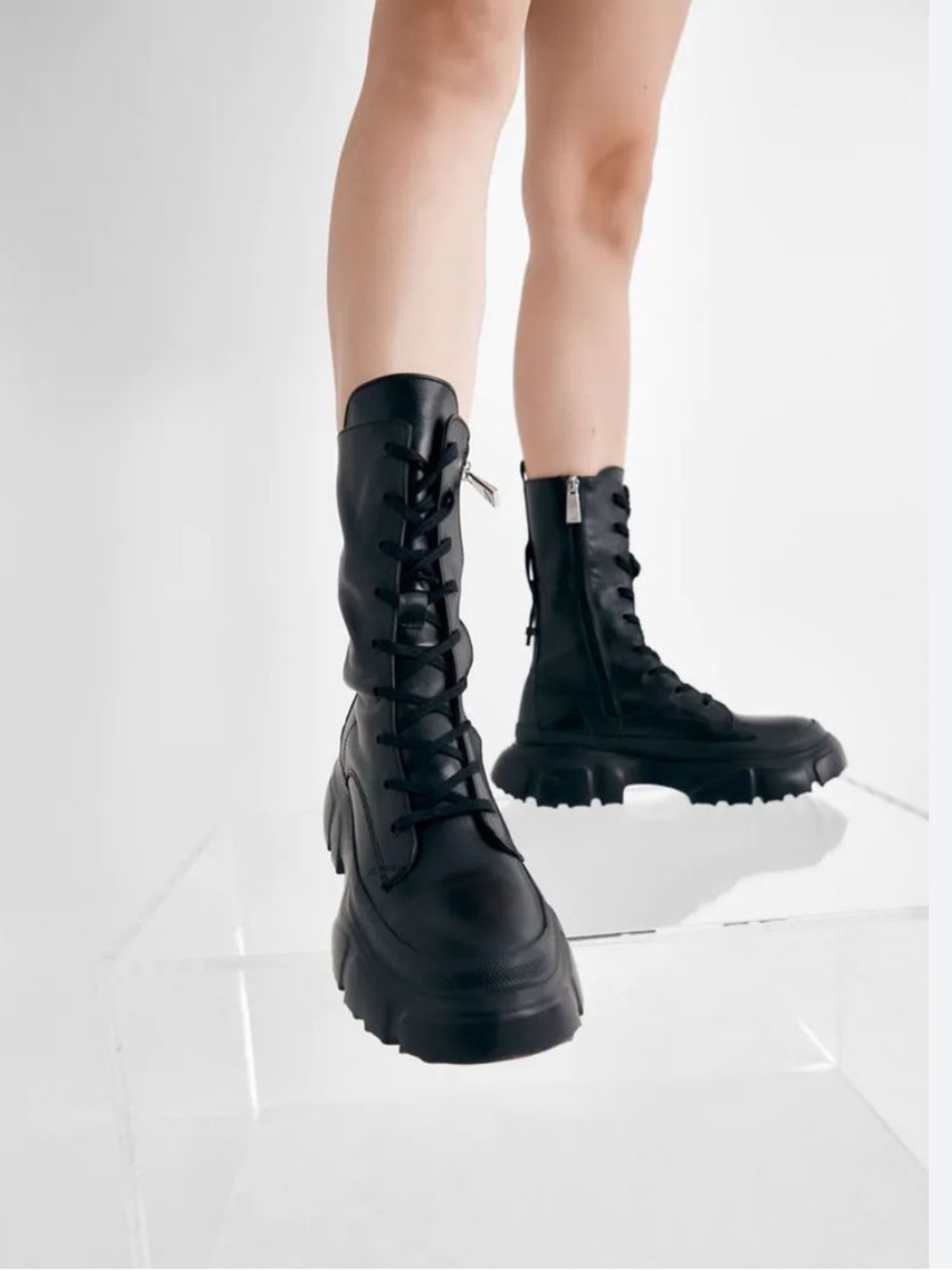 Zara black lace-up track sole combat boots featuring a side zipper closure Sz 40
